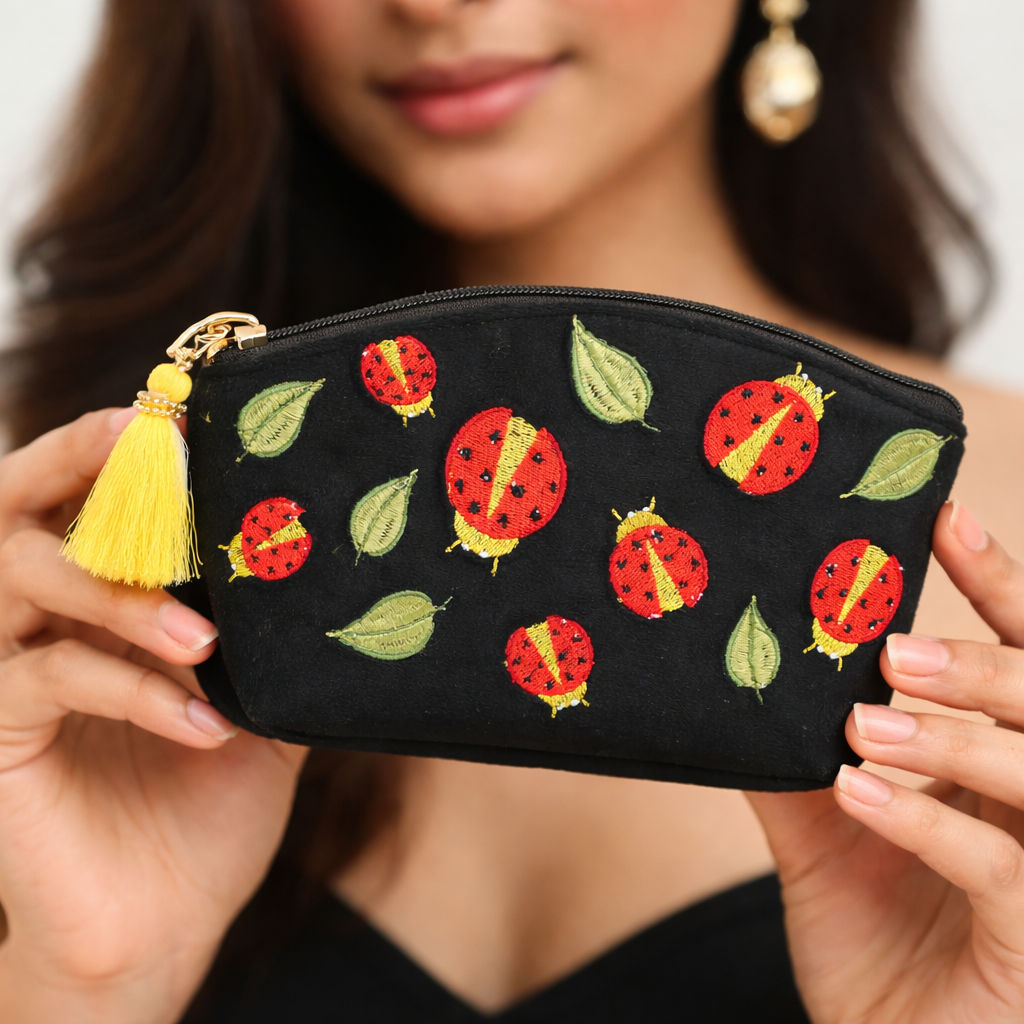 Midnight Ladybug Embroidered Pouch